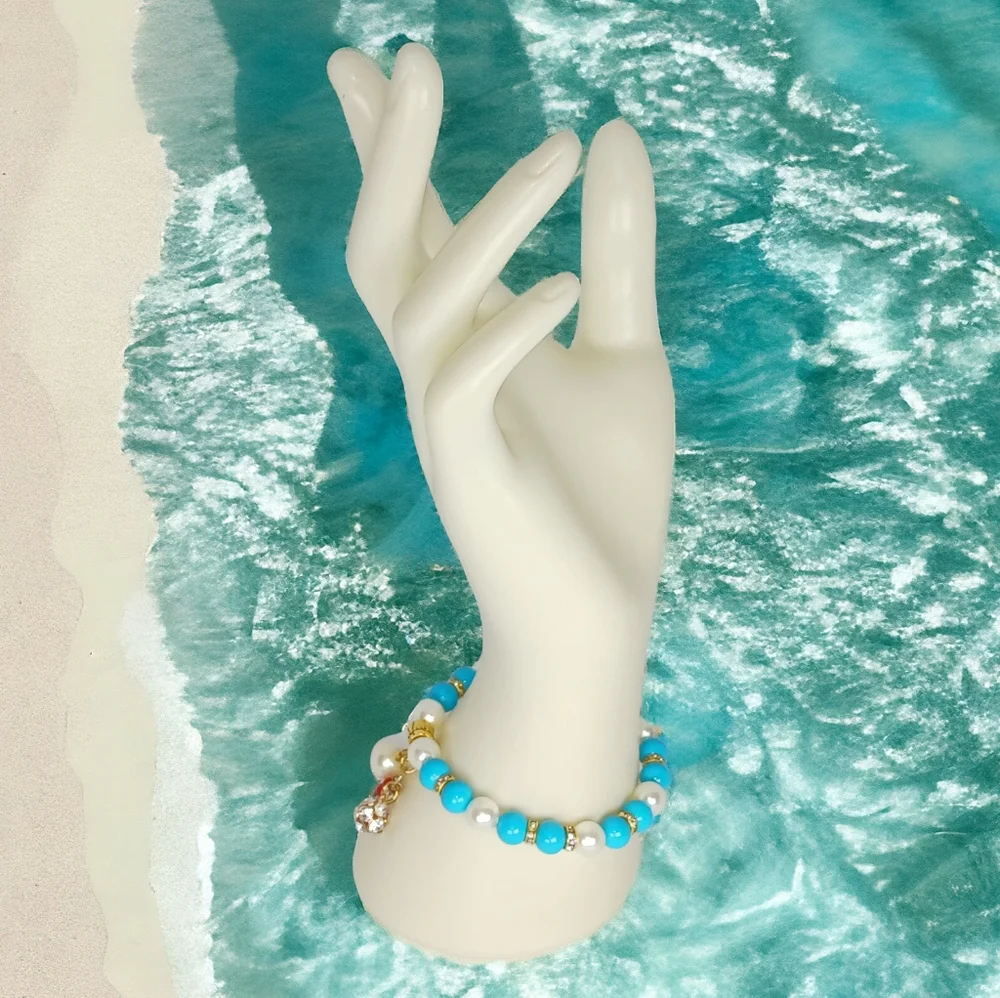 Pearl Turquoise & Coral Y2K Charm Bracelet Mermaidcore Oceancore Beachy Seaside